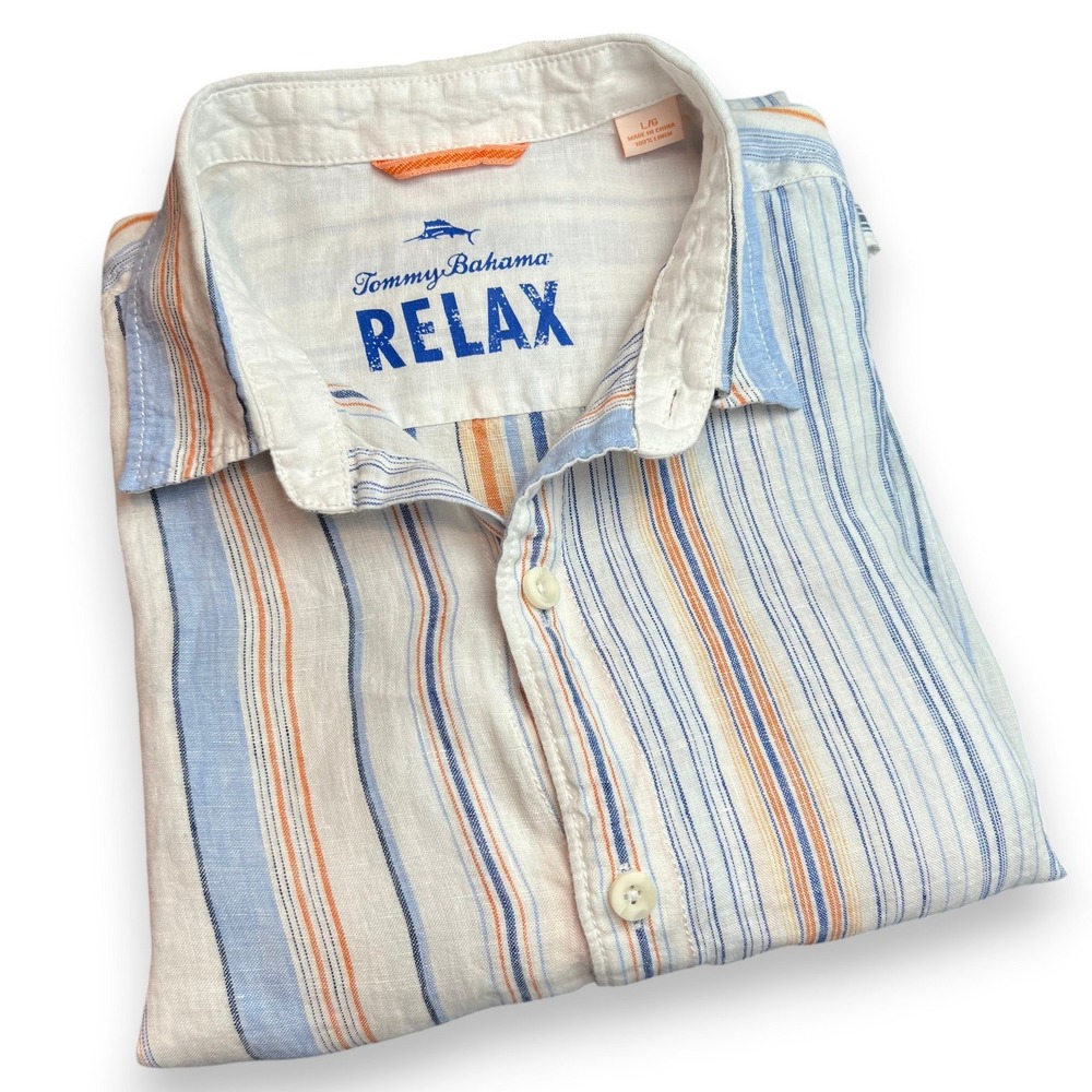 Tommy Bahama Relax Linen Stripe Shirt Men Large Blue Orange Coastal Beachwear